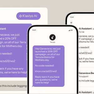 Chat interface showing a conversation with an AI assistant about a 20% off promotion on Terra bottoms for Mother's Day.