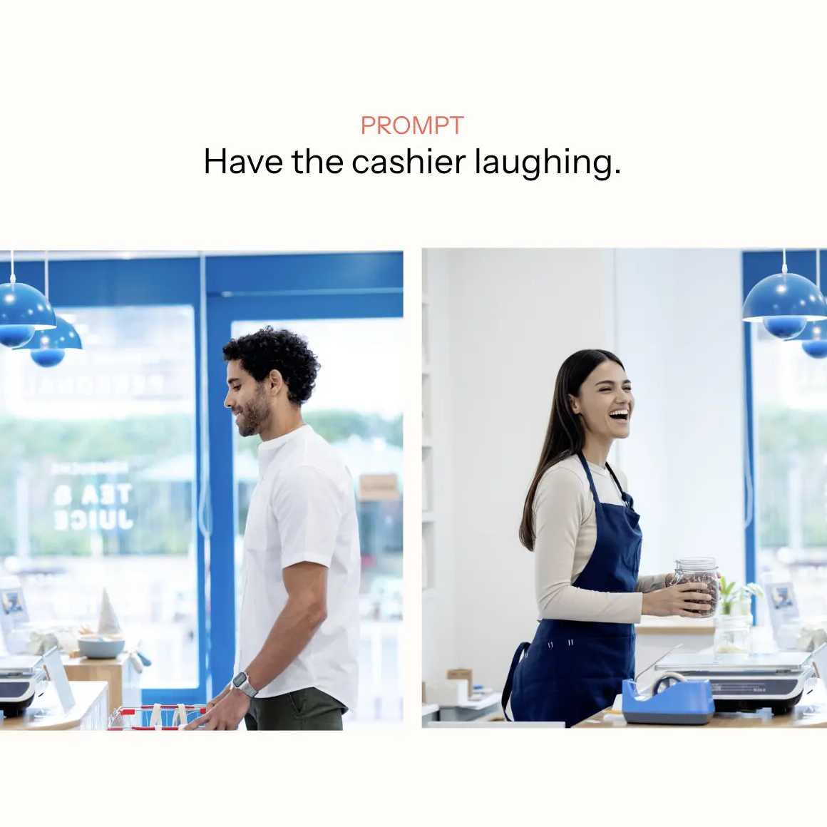 两幅图像展示了一名收银员和一名顾客。第一幅中，收银员表情中性；第二幅中，她正在大笑。