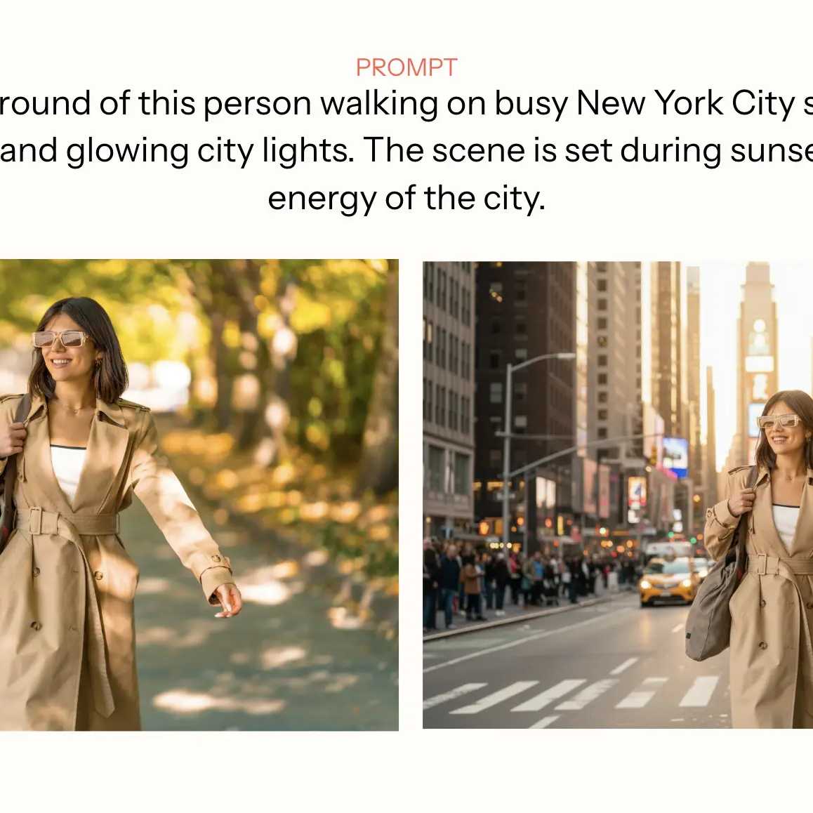 一位身穿风衣的女性，在一条绿树成荫的街道和一条繁忙的纽约市街道上行走，面带微笑，背景是摩天大楼。